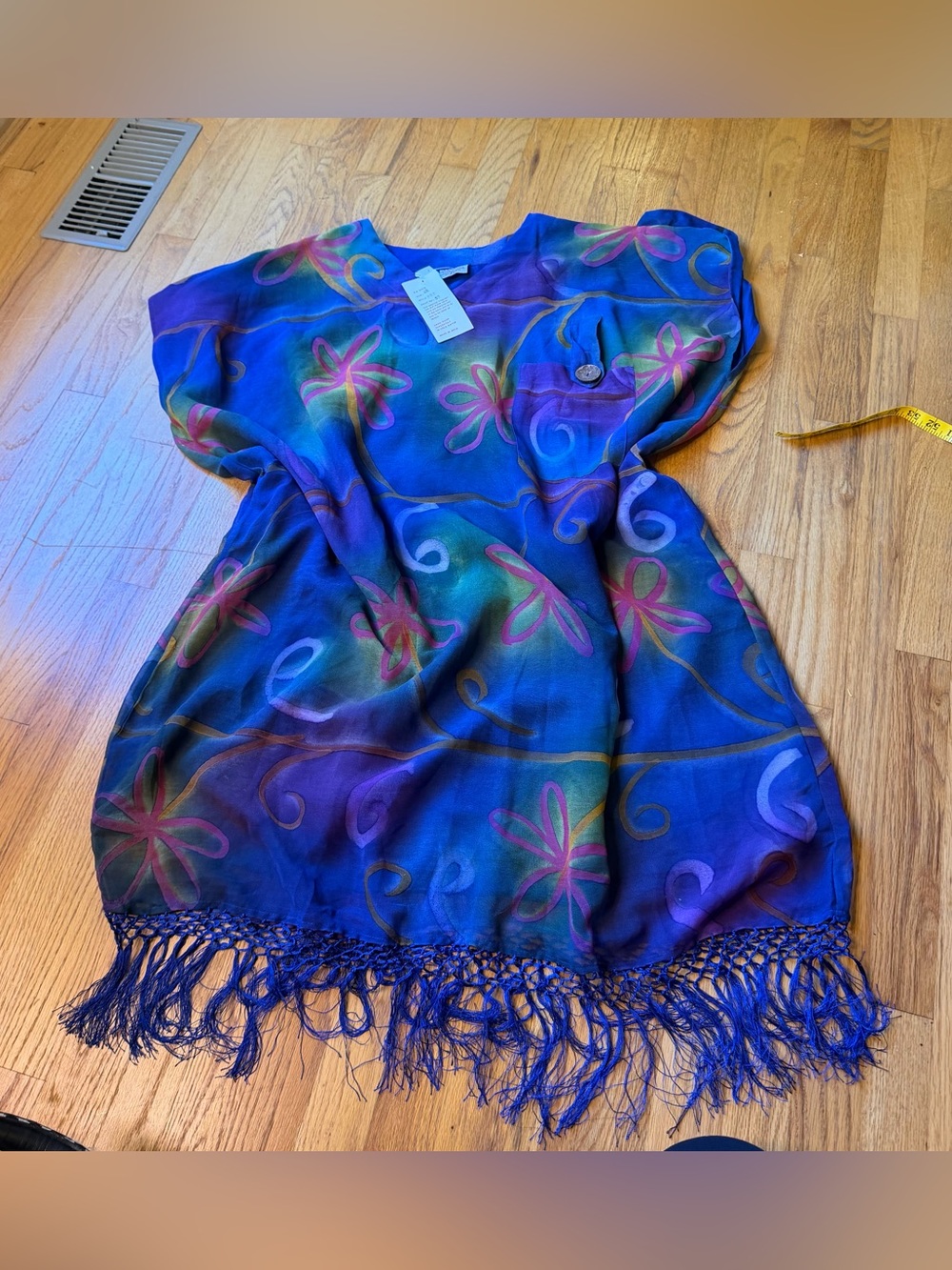 Plus size Blue/purple floral silk kaftan with fringe hem